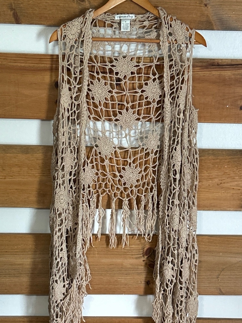 Demanding Cream Crochet Open Vest Boho Chic Long Front Accent Women's Size M